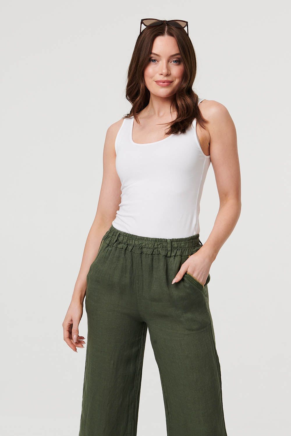 Izabel London Women's High Waist Wide Ankle Length Trousers in Khaki