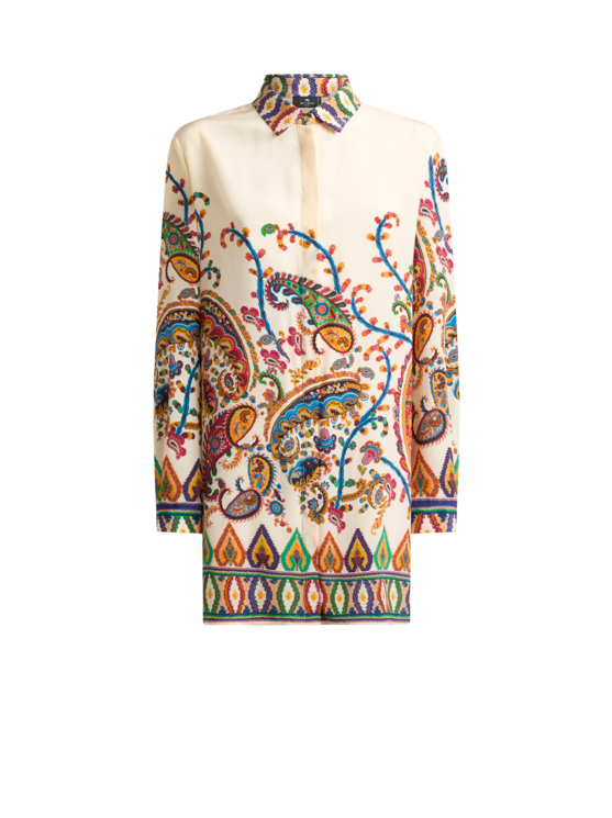 Long Silk Shirt With Placed Floral Paisley Print