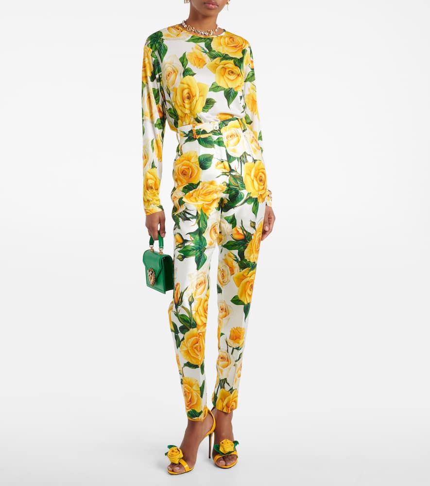 Floral high-rise silk-blend straight pants