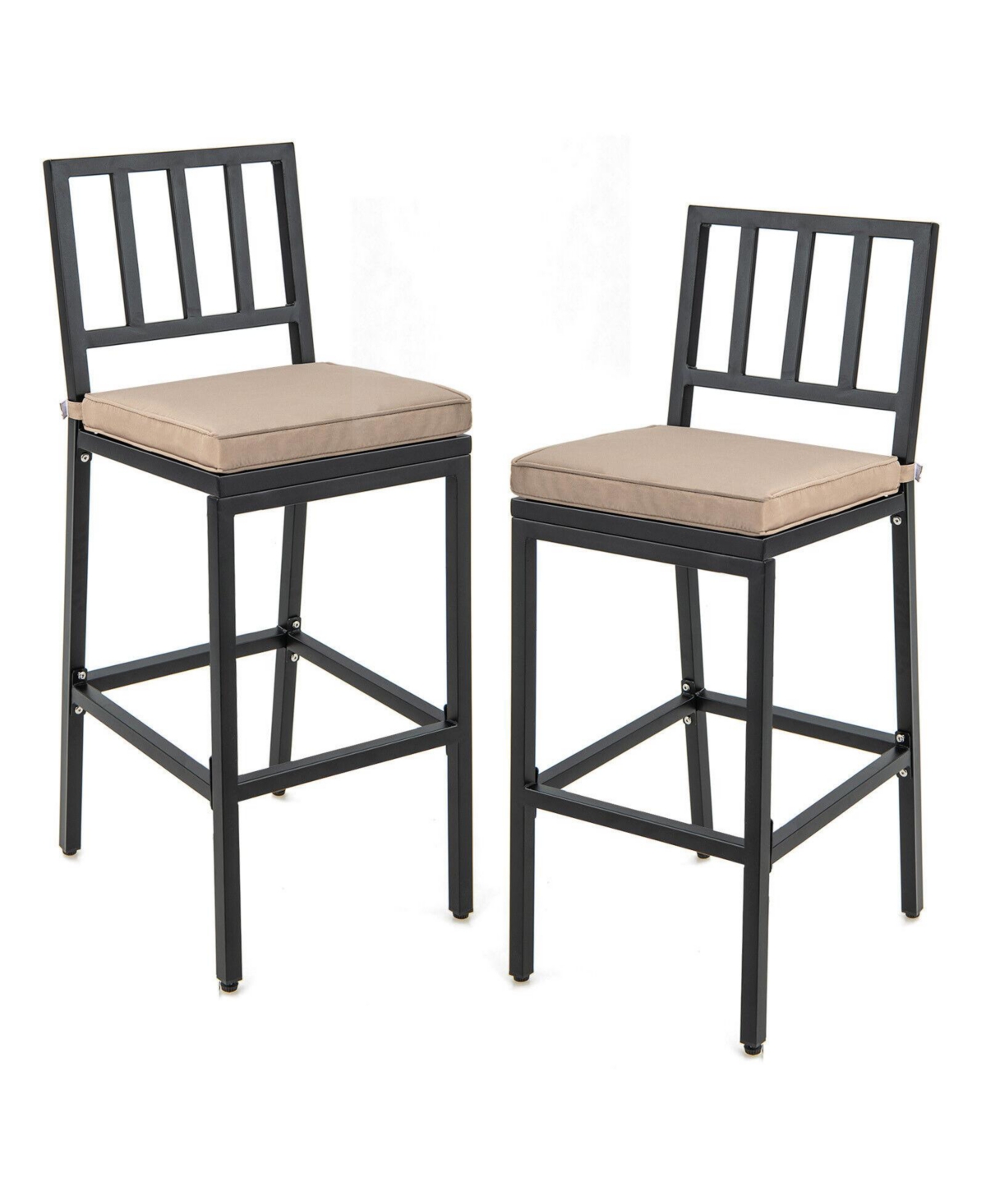 Set of 2 Patio Bar Chairs with Detachable Cushion and Footrest-Vertical Stripes - Beige