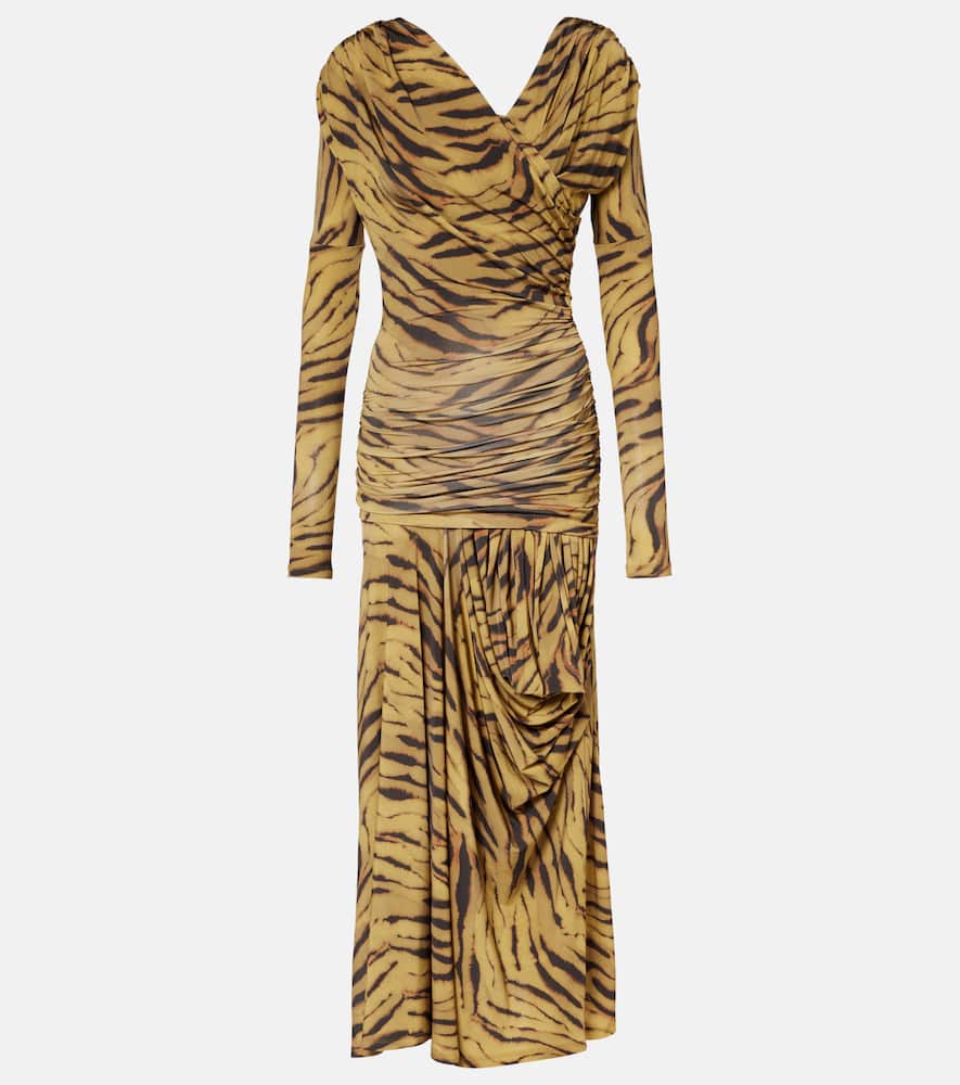 Asymmetric draped tiger-print maxi dress