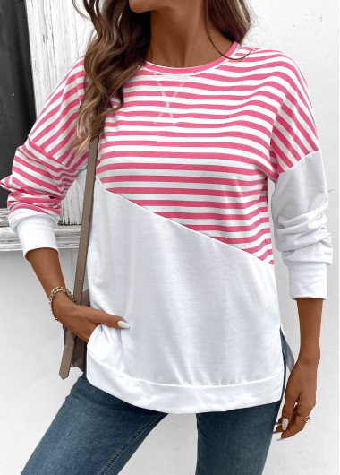 Modlily Pink Patchwork Striped Long Sleeve Round Neck Sweatshirt