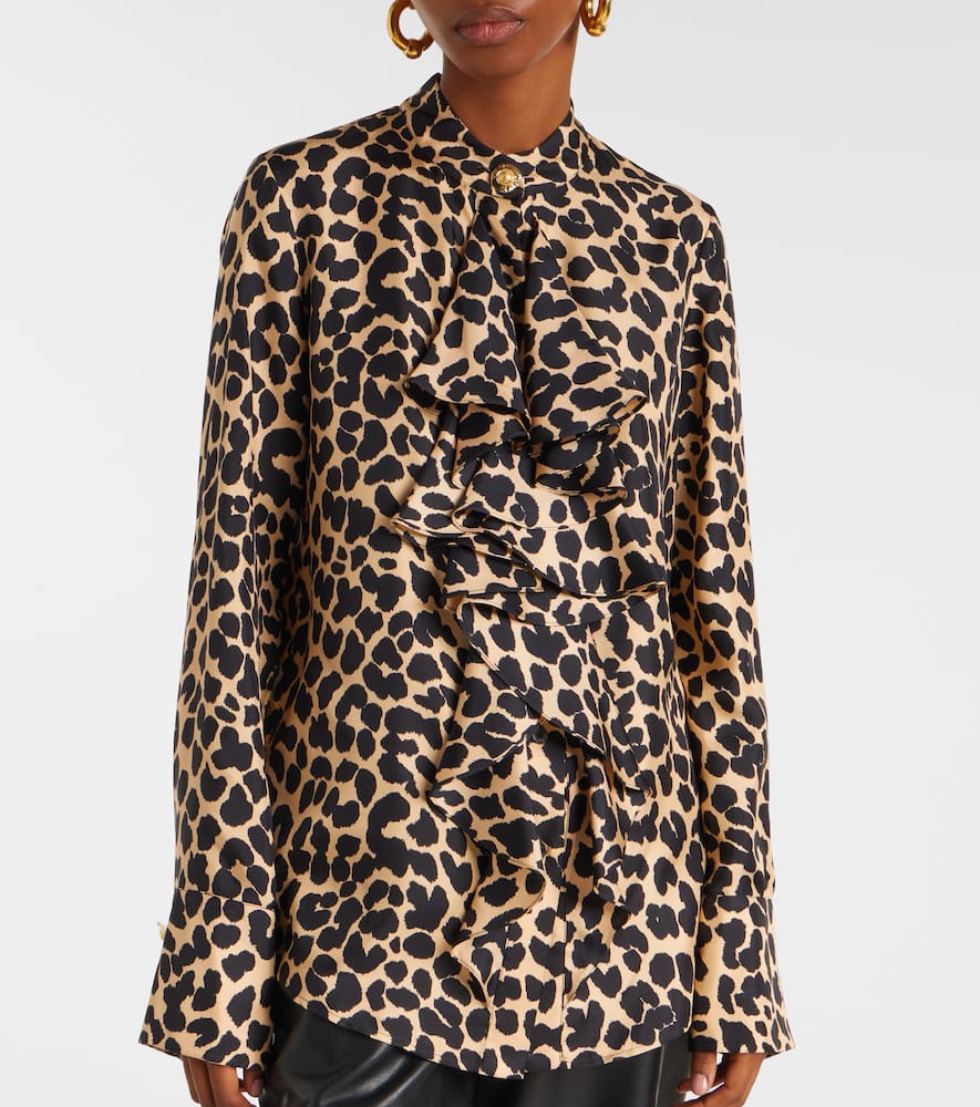 Leopard-print ruffled silk shirt