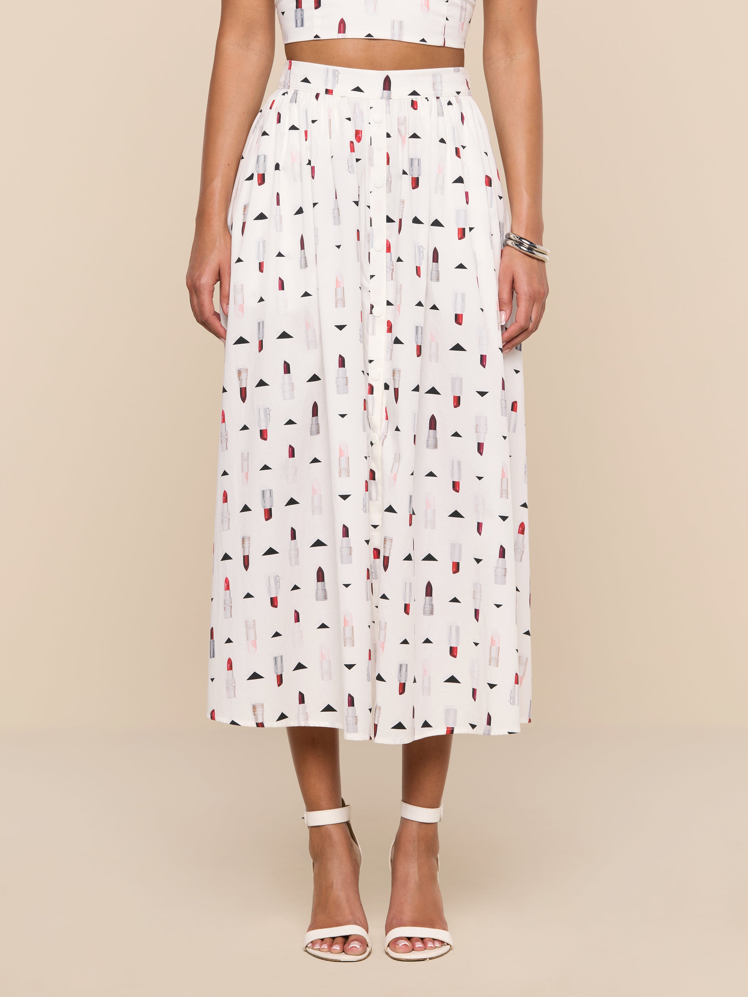 Seina Poplin Midi Skirt In Ivory Multi Lipstick Geo