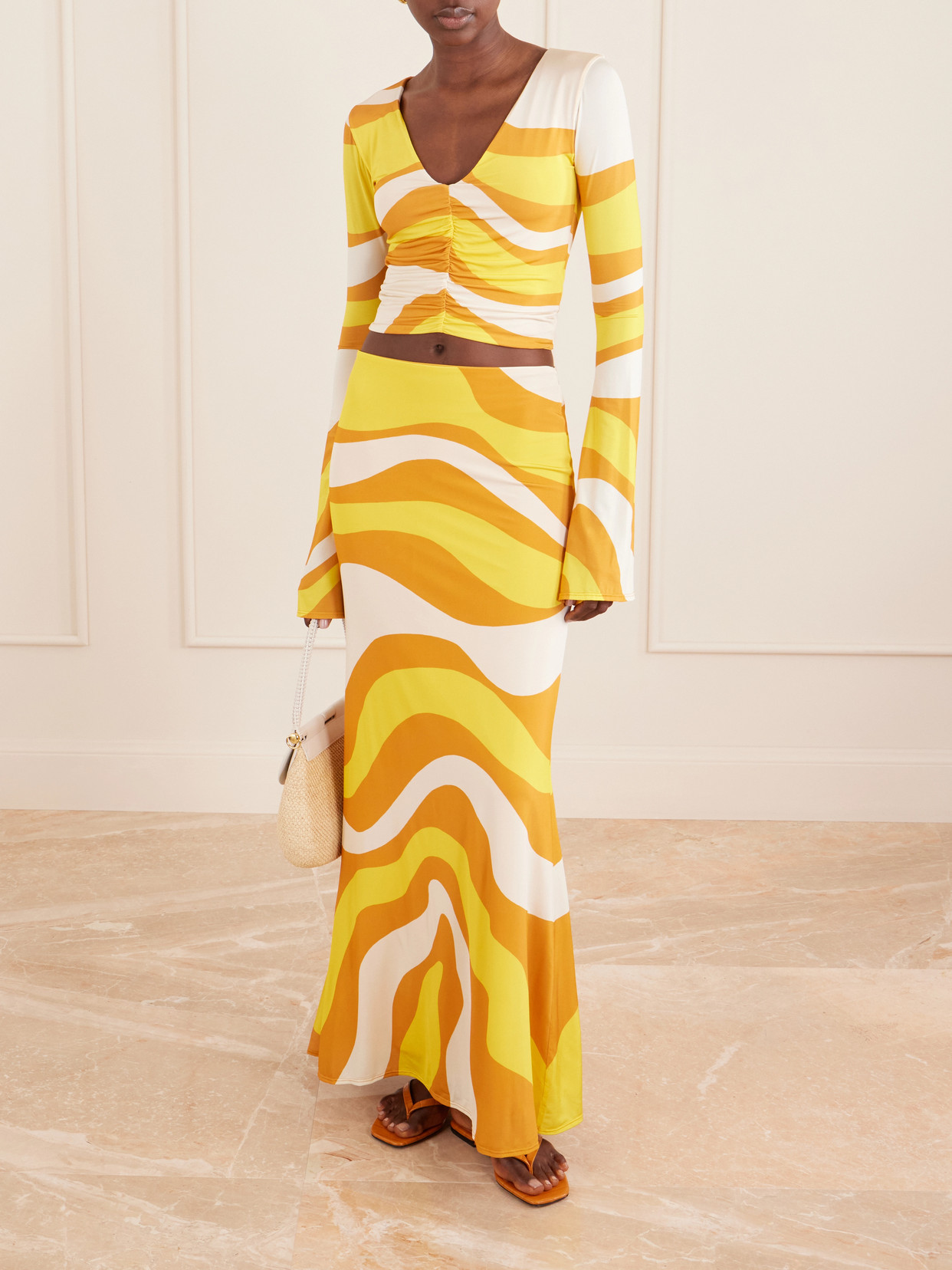 Aelin Ruched Printed Jersey Top - Yellow