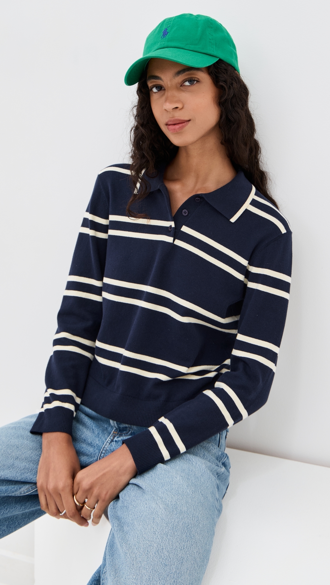 Long Sleeve Striped Polo Green/White