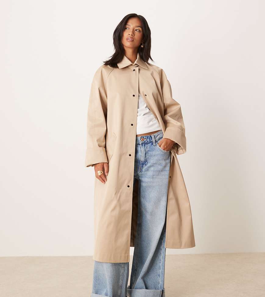 ASOS DESIGN Petite longline car coat trench in stone-Neutral