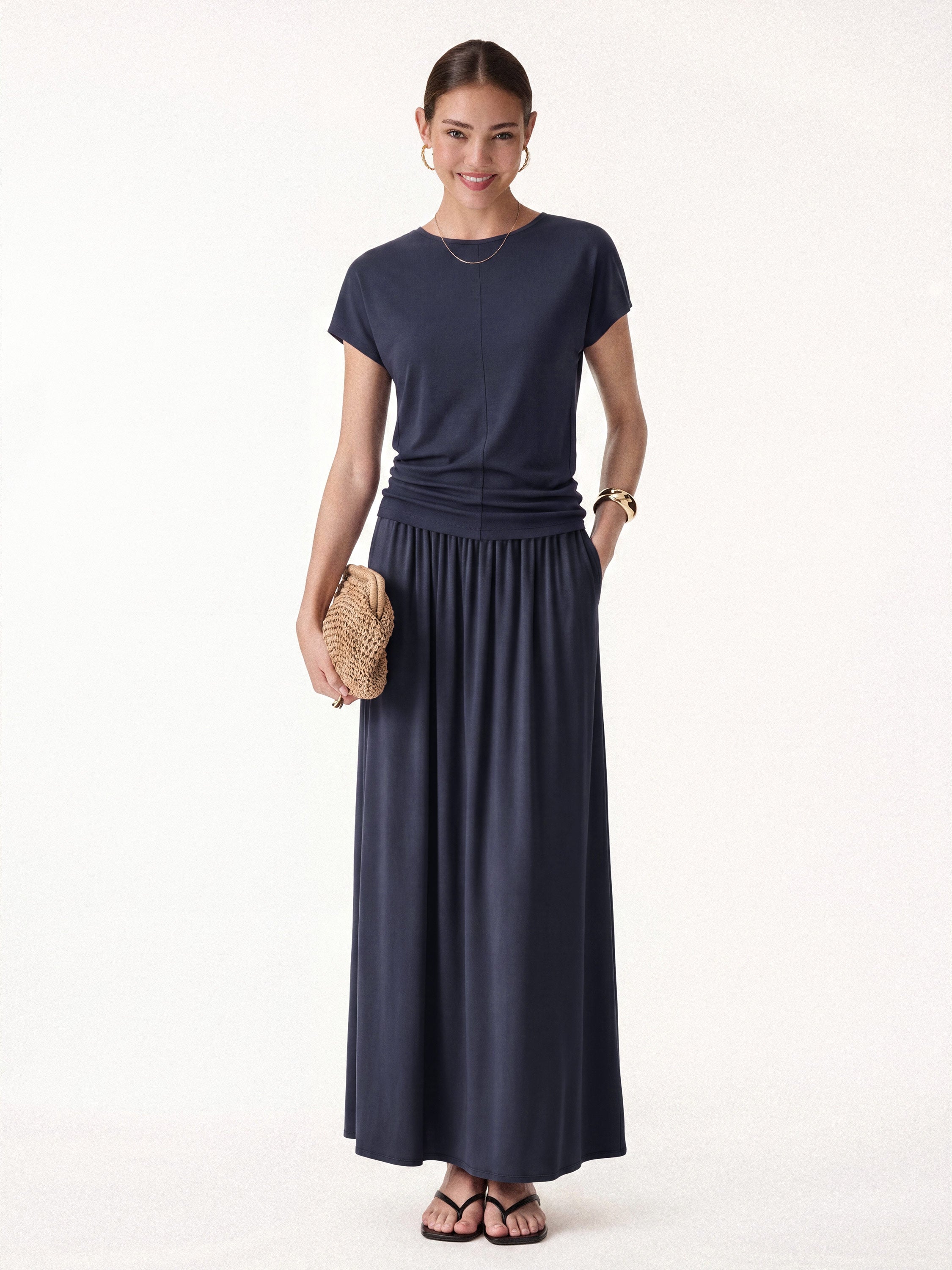 2Pcs Set Round Neck Top & A-Line Maxi Skirt with Pockets - Smoky Navy / XS