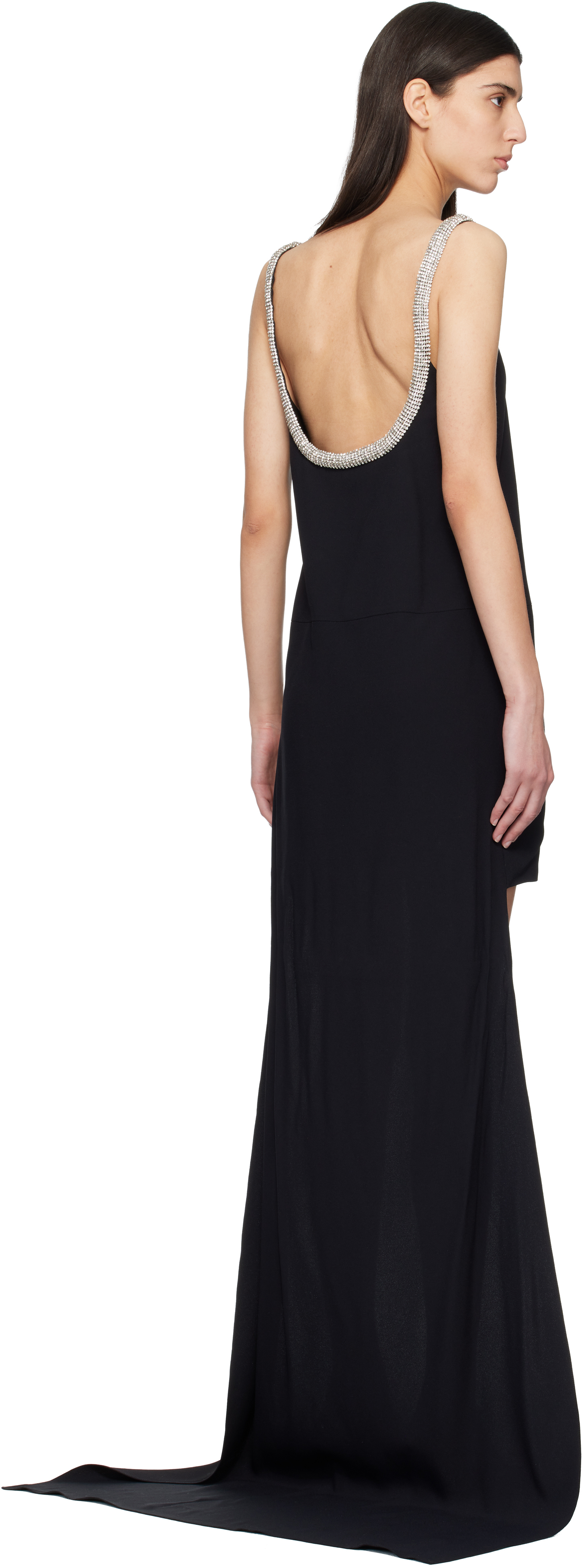 Black Crystal Embroidery Sleeveless Asymmetric Cocktail Maxi Dress