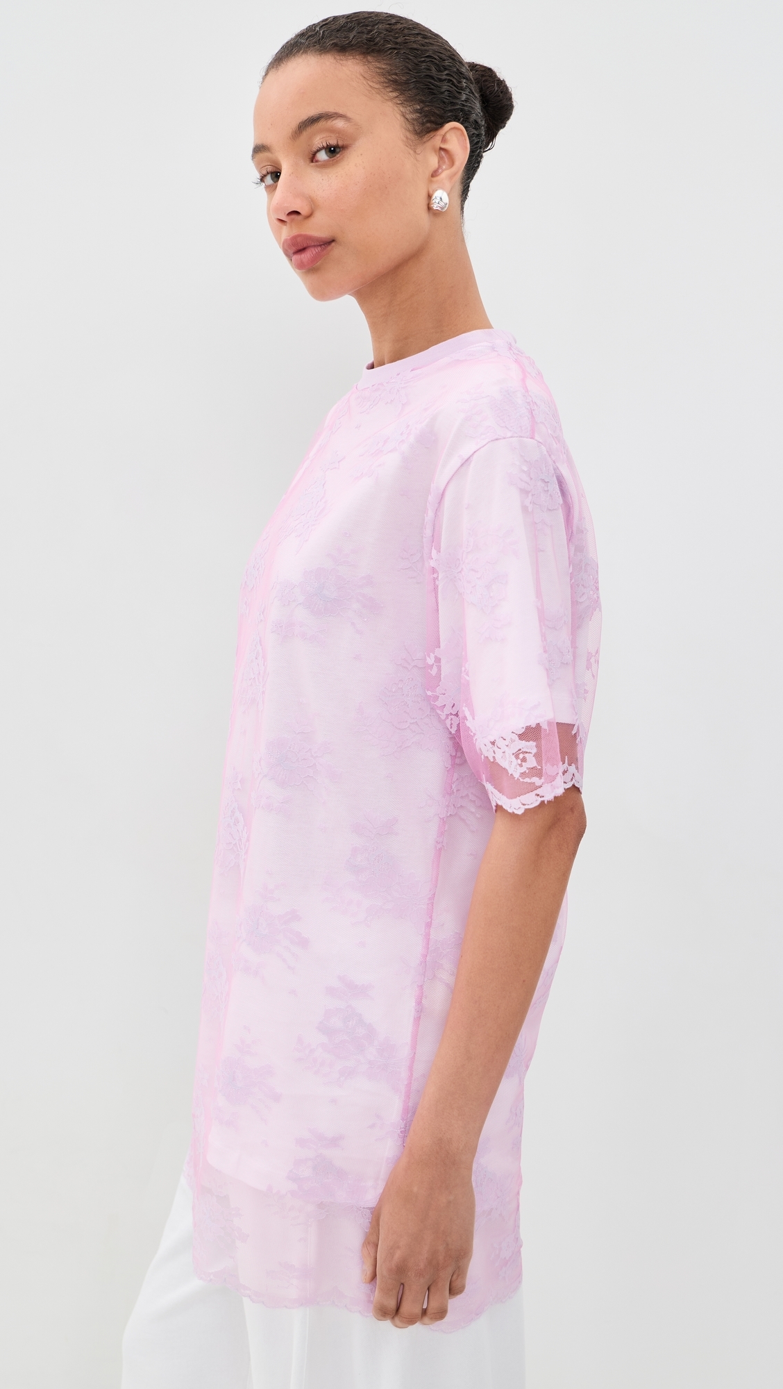 Relaxed Fit T-Shirt with Lace Overlayer Pink