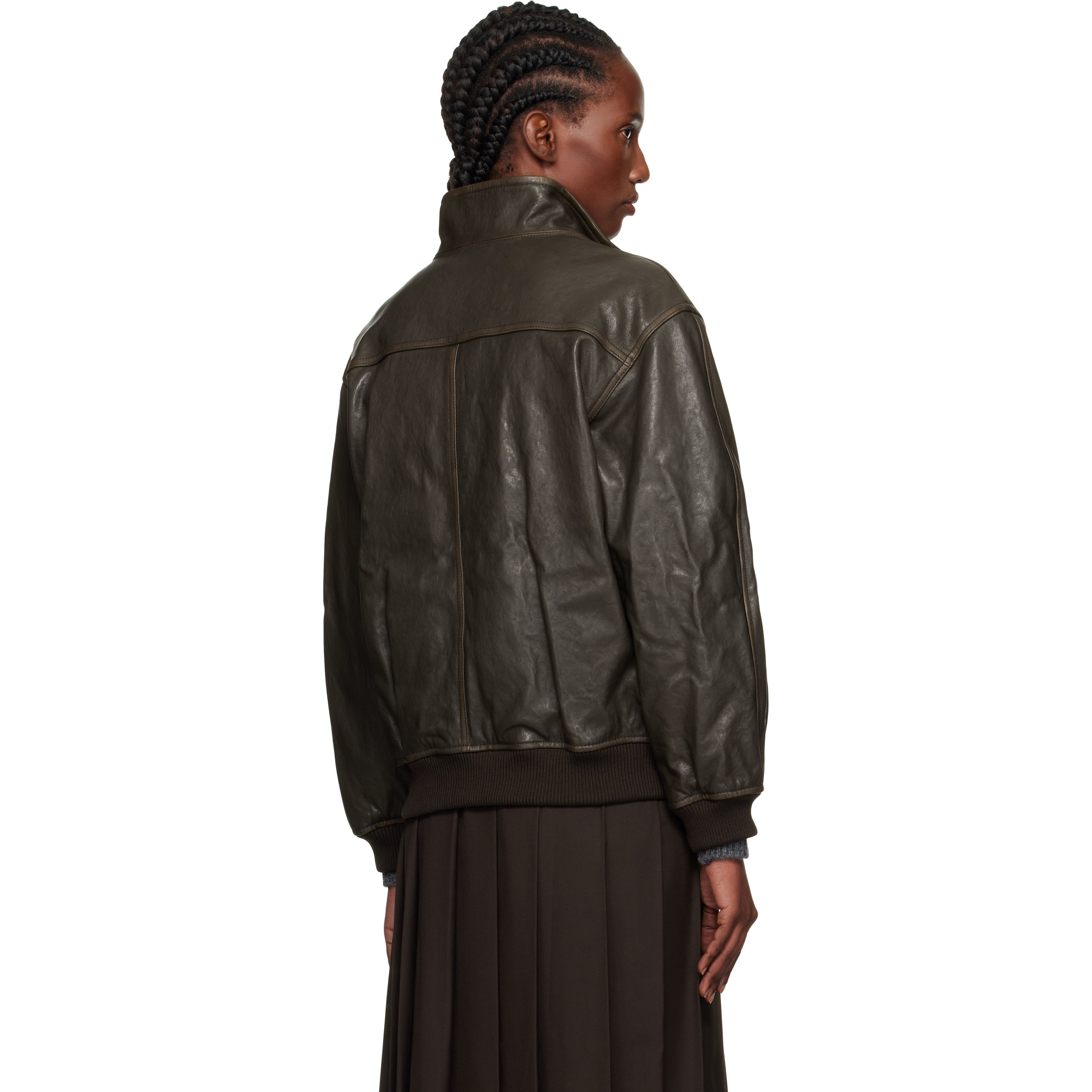 Brown Stand Collared Leather Jacket