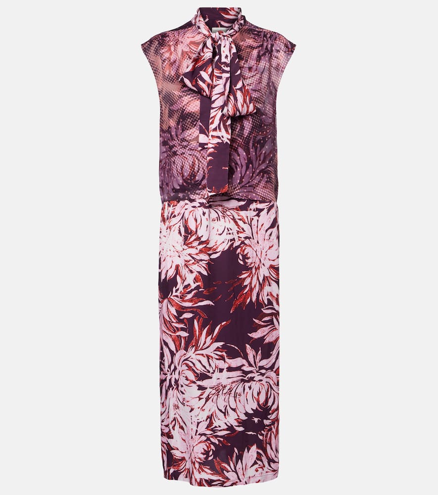 Printed tie-neck midi dress
