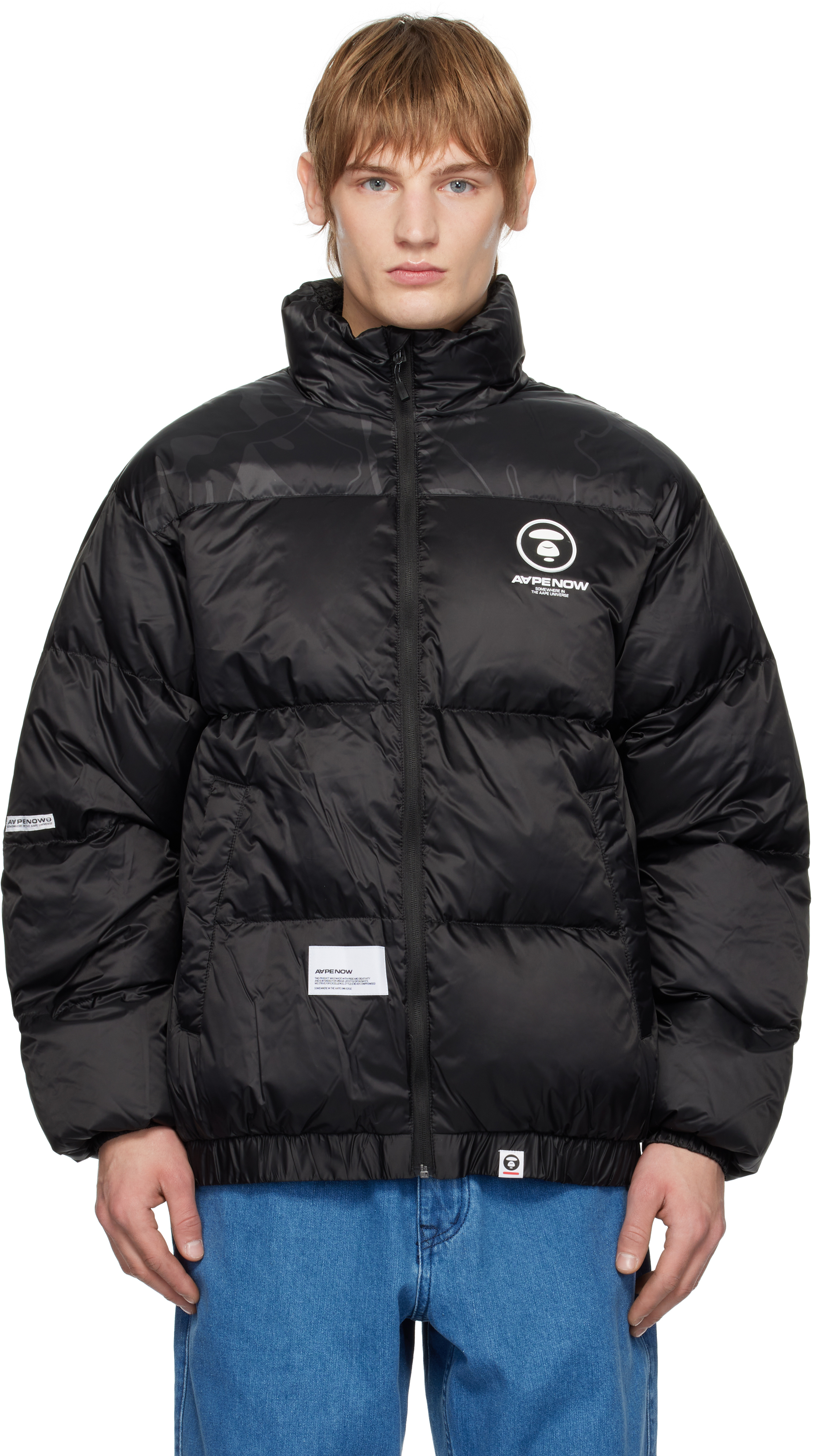 AAPE by A Bathing Ape Black 'AAPE NOW' Moonface Logo Zip-Up Down Jacket