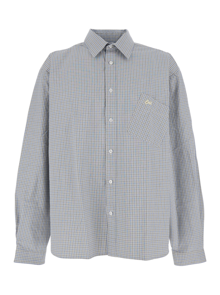 Beige Shirt With Logo Embroidery On The Front And All-over Check Motif In Cotton Man