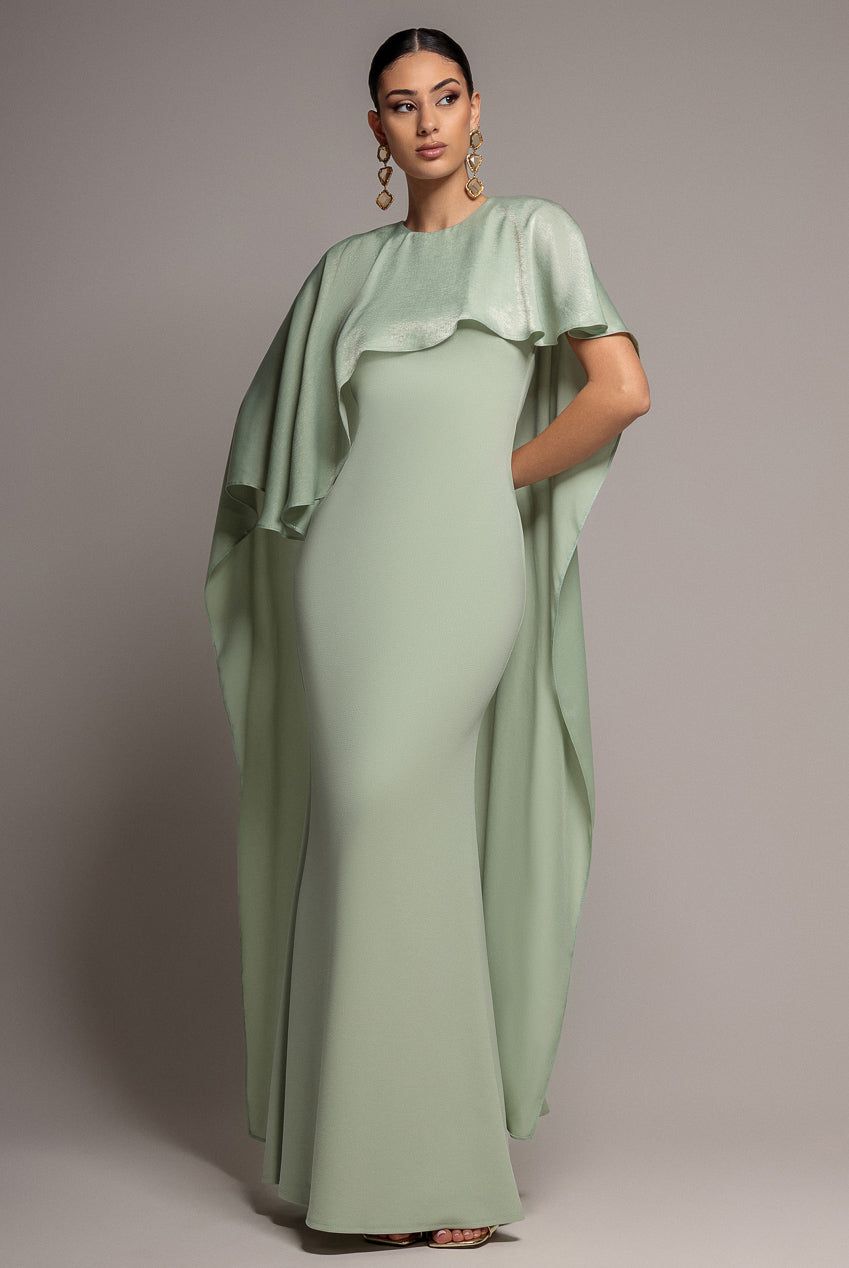Goddiva Women's Scoop Neck Velvet Satin Cape Sleeve Maxi Dress in Pale Green