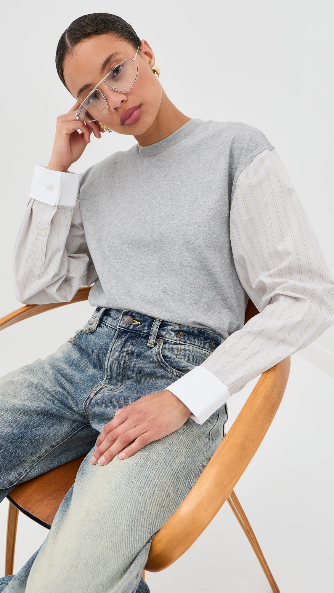 T-Shirt with Shirting Sleeves Grey Multi