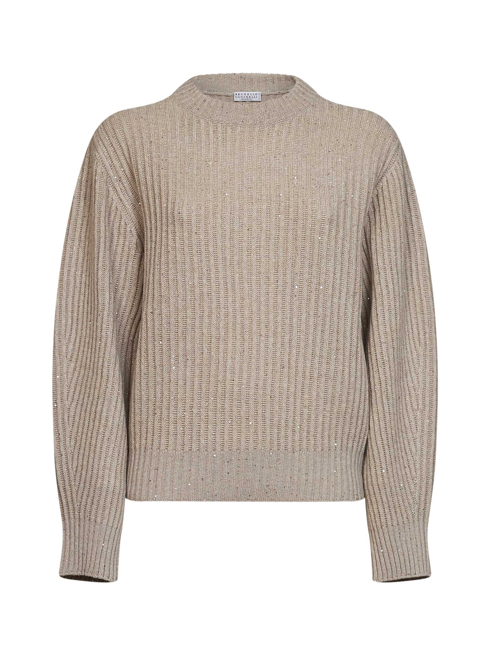 Ribbed Cashmere Crewneck Sweater — Beige
