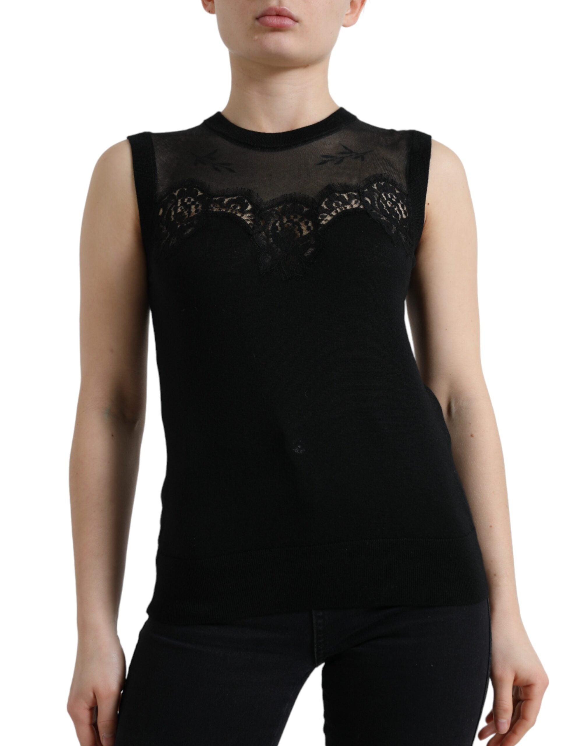 Cashmere Lace-Trim Tank Top — Black