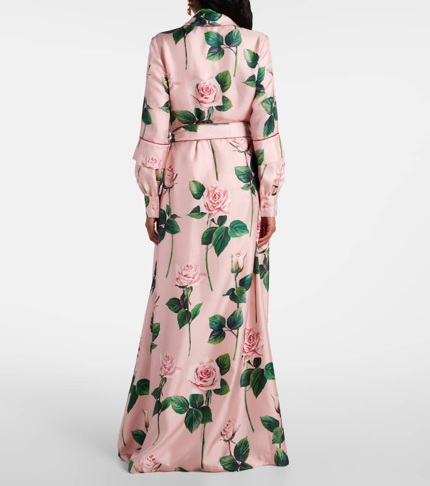 Floral belted silk satin maxi dress