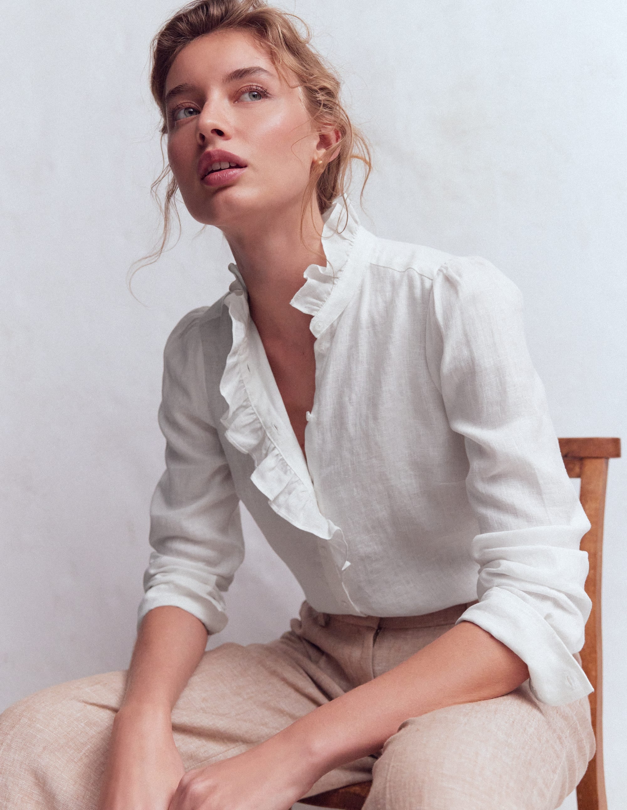 Women's Isabel Ruffle Linen Shirt in White | Size 8