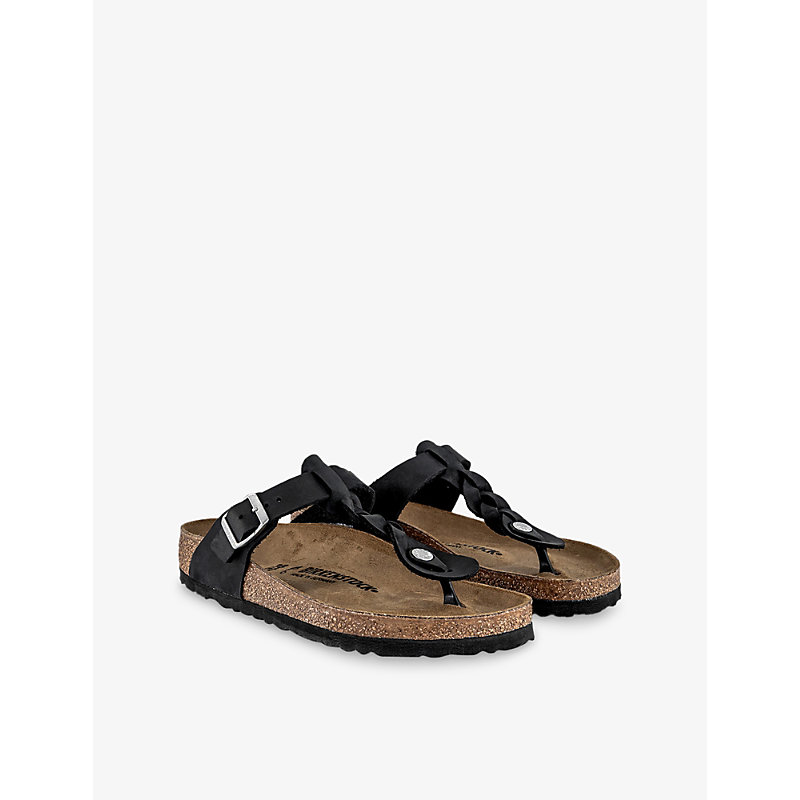 Womens Black Braided Leather Toe-Post Leather Sandals Eur