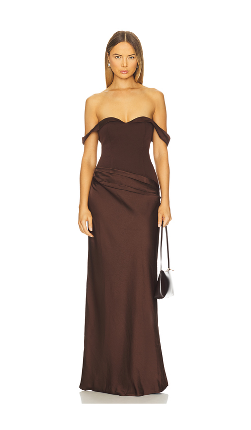 Runaway The Label Ebony Off Shoulder Maxi Dress in Chocolate. XS also in L