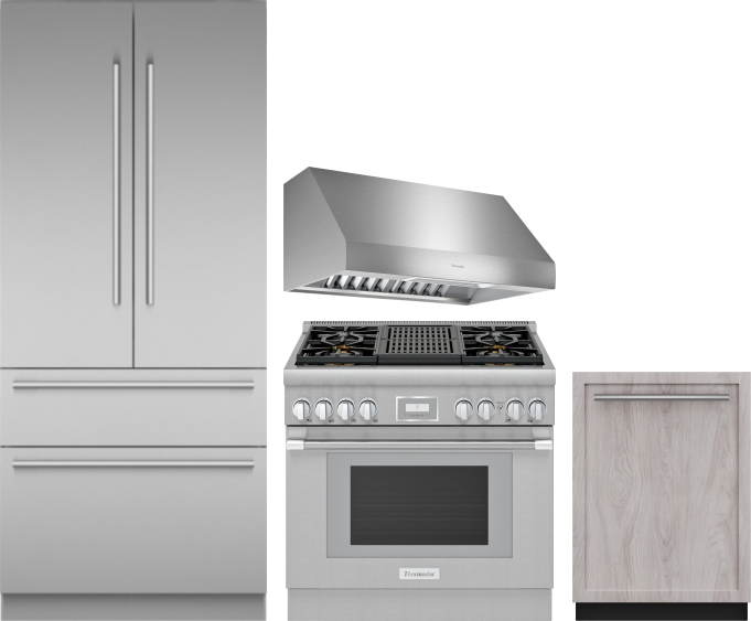 Thermador 4 Piece Kitchen Appliances Package with French Door Refrigerator, Gas Range and Dishwasher in Stainless Steel THRERARHDW41