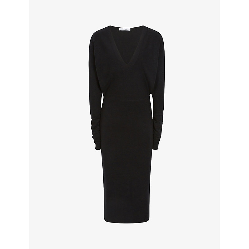 Reiss 여성 Womens Black Jenna Ruched Knitted Midi Jumper Dress