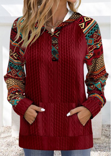 Modlily Wine Red Patchwork Tribal Print Long Sleeve Hoodie