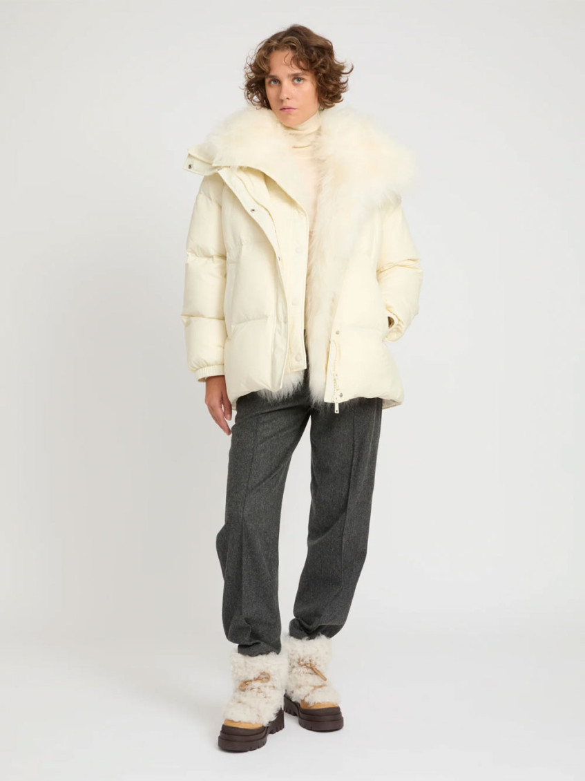 Ys Army Collection: Mid-Length Down Jacket With Removable Bib And Lambswool Trim
