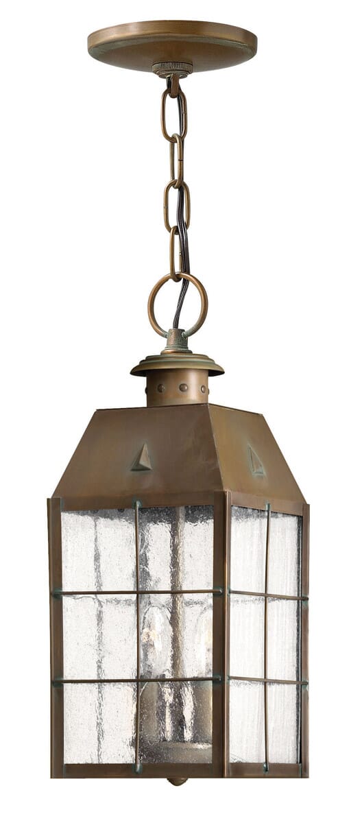 Aged Brass LED Hanging Lantern from the Nantucket Collection