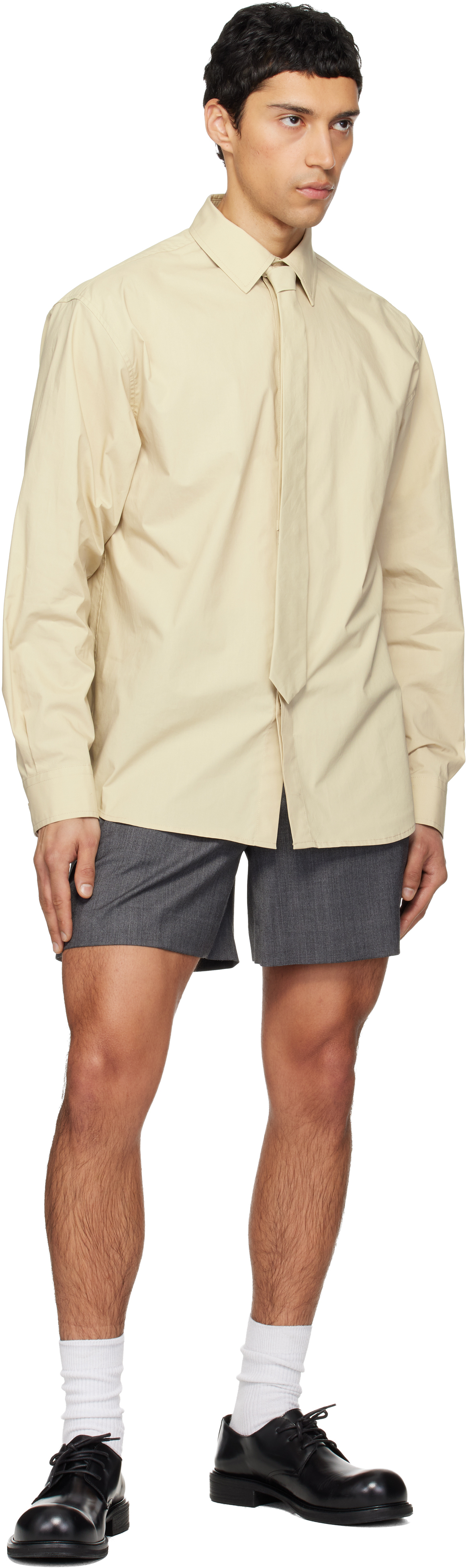 Beige Solid Tie Shirt