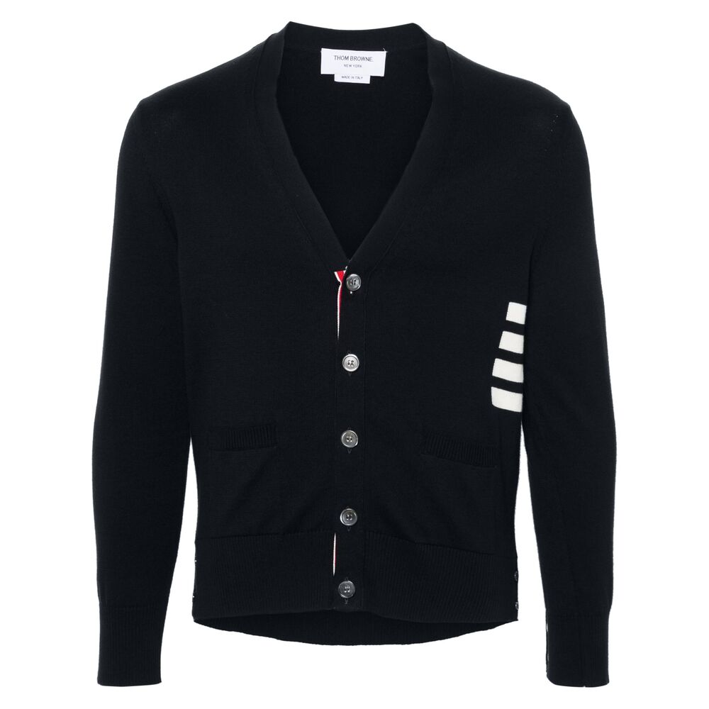 Blue V-neck Cardigan With 4-bar Detail In Cotton Man