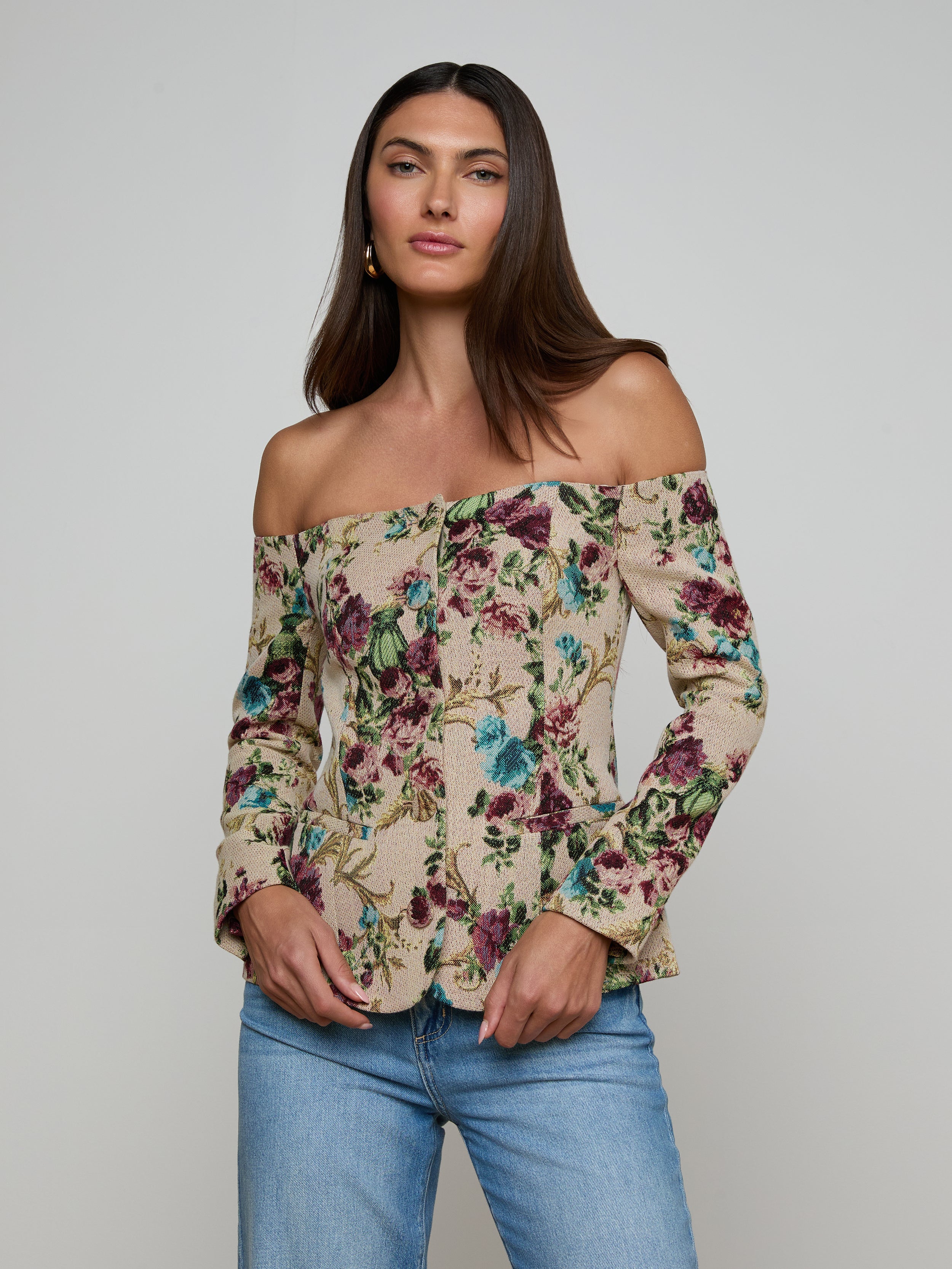 Alice Blazer Top In Multi Floral Tapestry