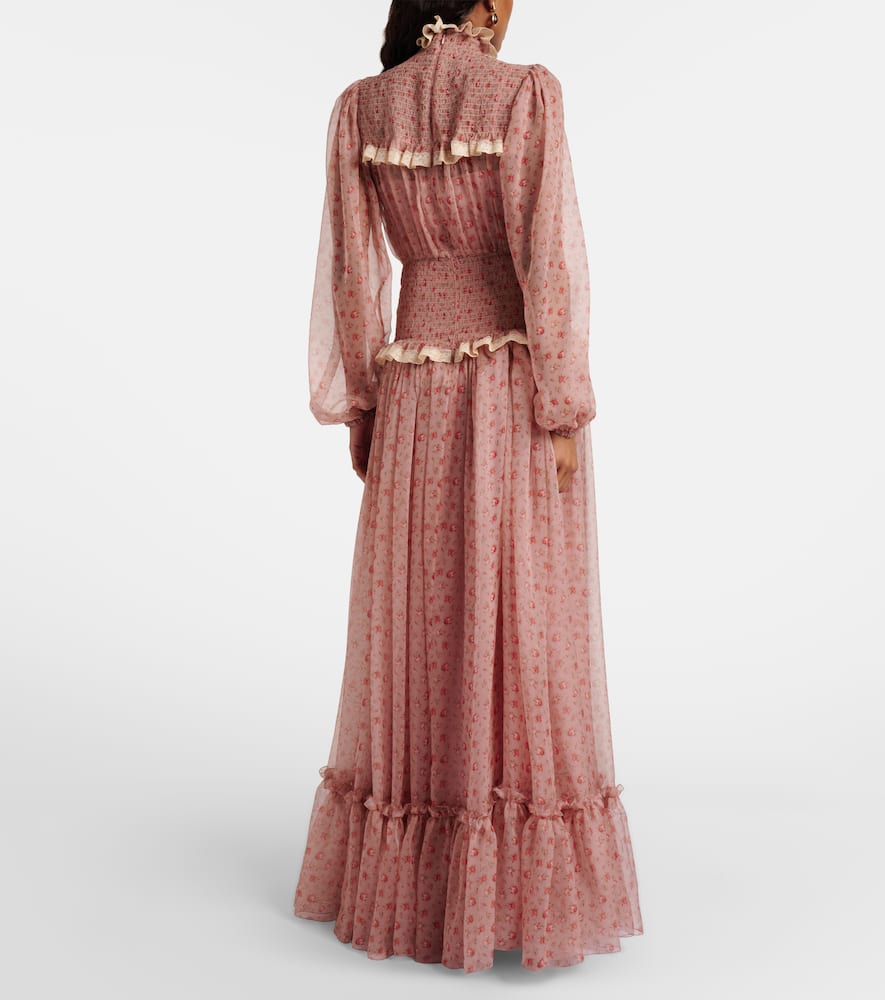 Floral smocked silk and cotton chiffon gown