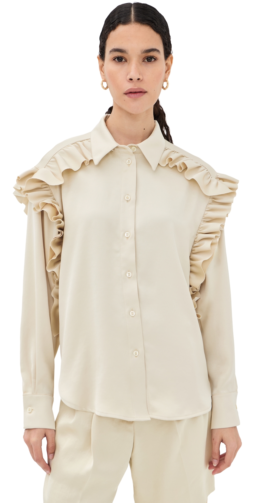 Satin Ruffled Button Down Shirt Butter