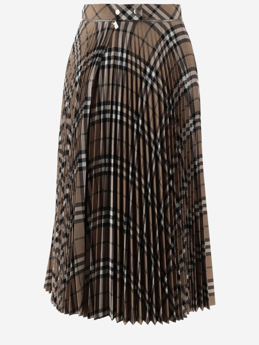 Wool Blend Pleated Check Skirt Skirts
