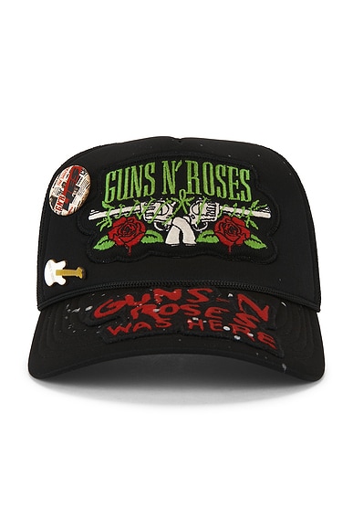 Madeworn Guns N' Roses Hand Painted Patched & Pinned Trucker Hat in Black - Black. a