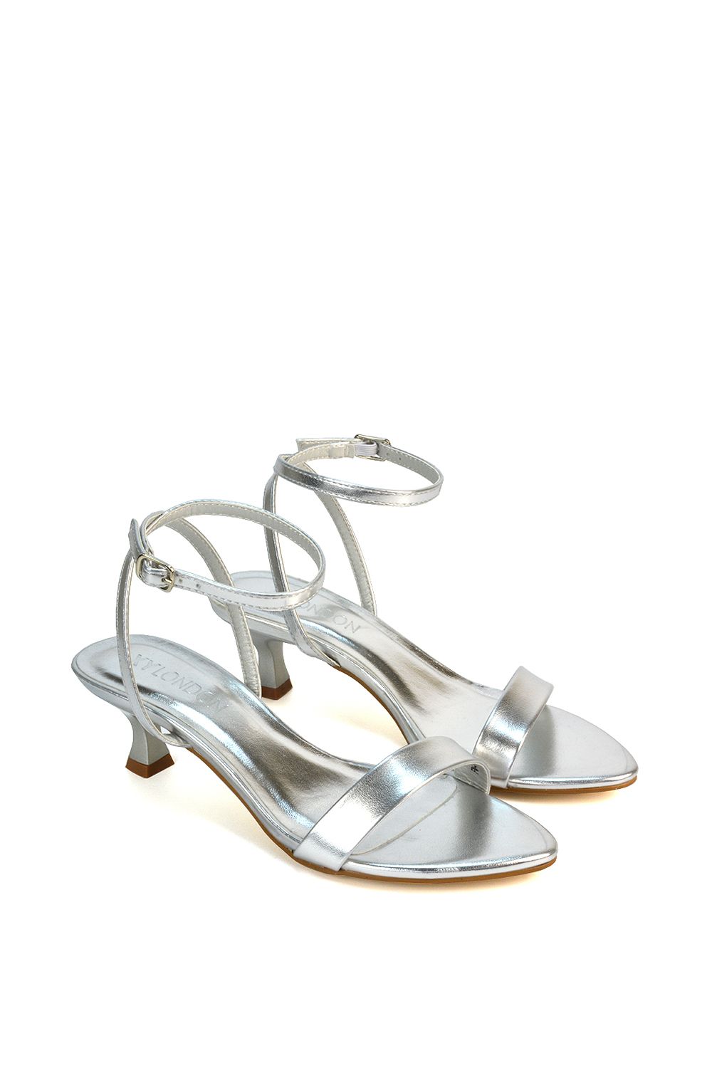 XY London Women's 'Antonia' Kitten Low Heel Strappy Sandal Two Part Heeled Shoes in Metallic Silver