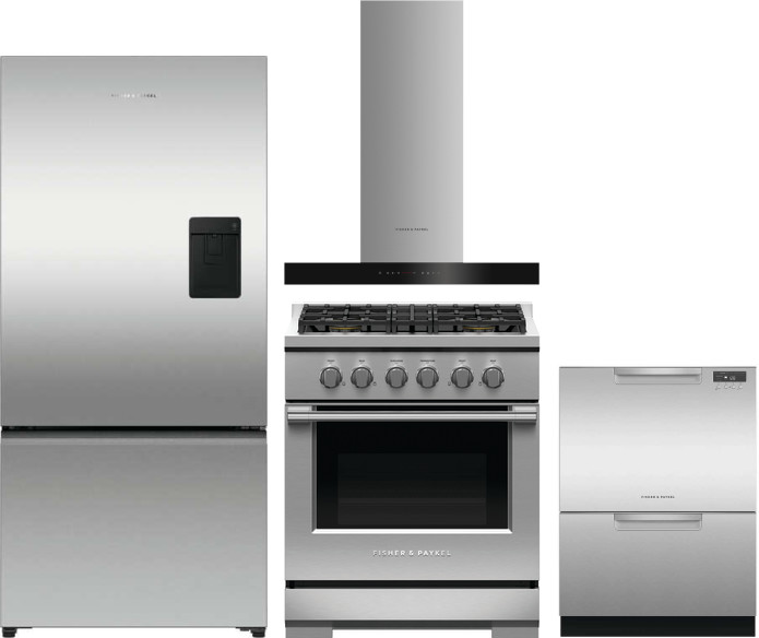 Fisher & Paykel 4 Piece Kitchen Appliances Package with Bottom Freezer Refrigerator, Gas Range and Dishwasher in Stainless Steel FPRERADWRH