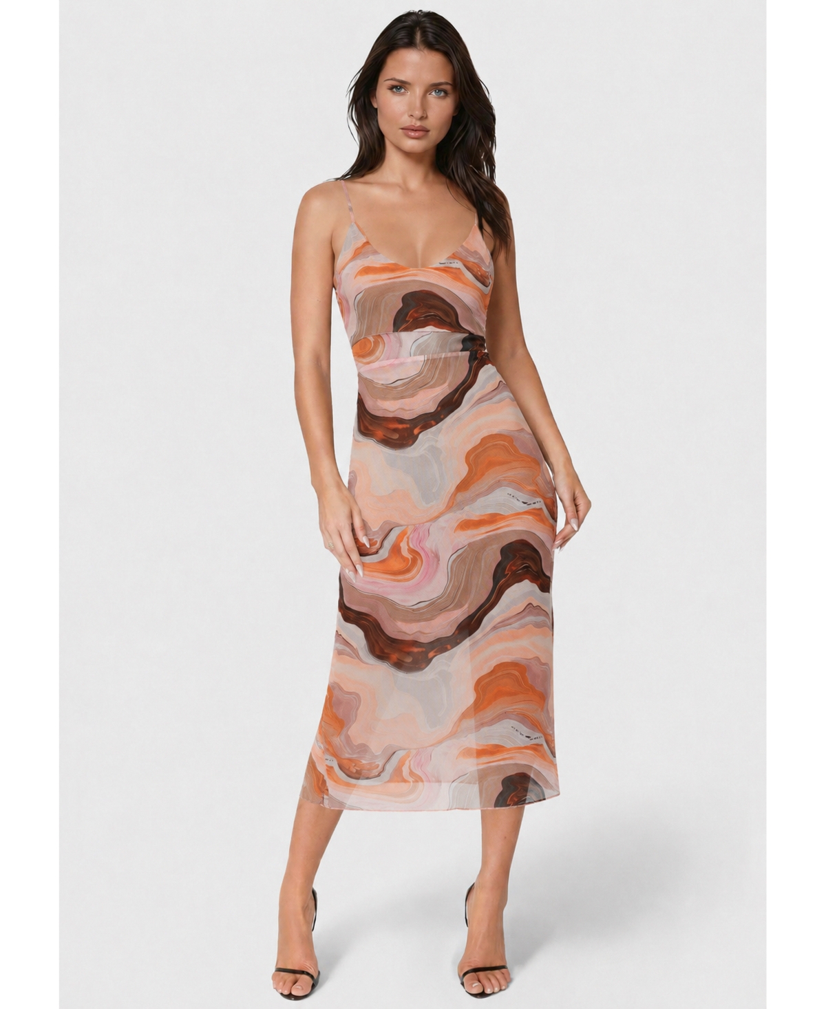 Women's Printed Mesh V-Neck Midi Dress - Blue tan