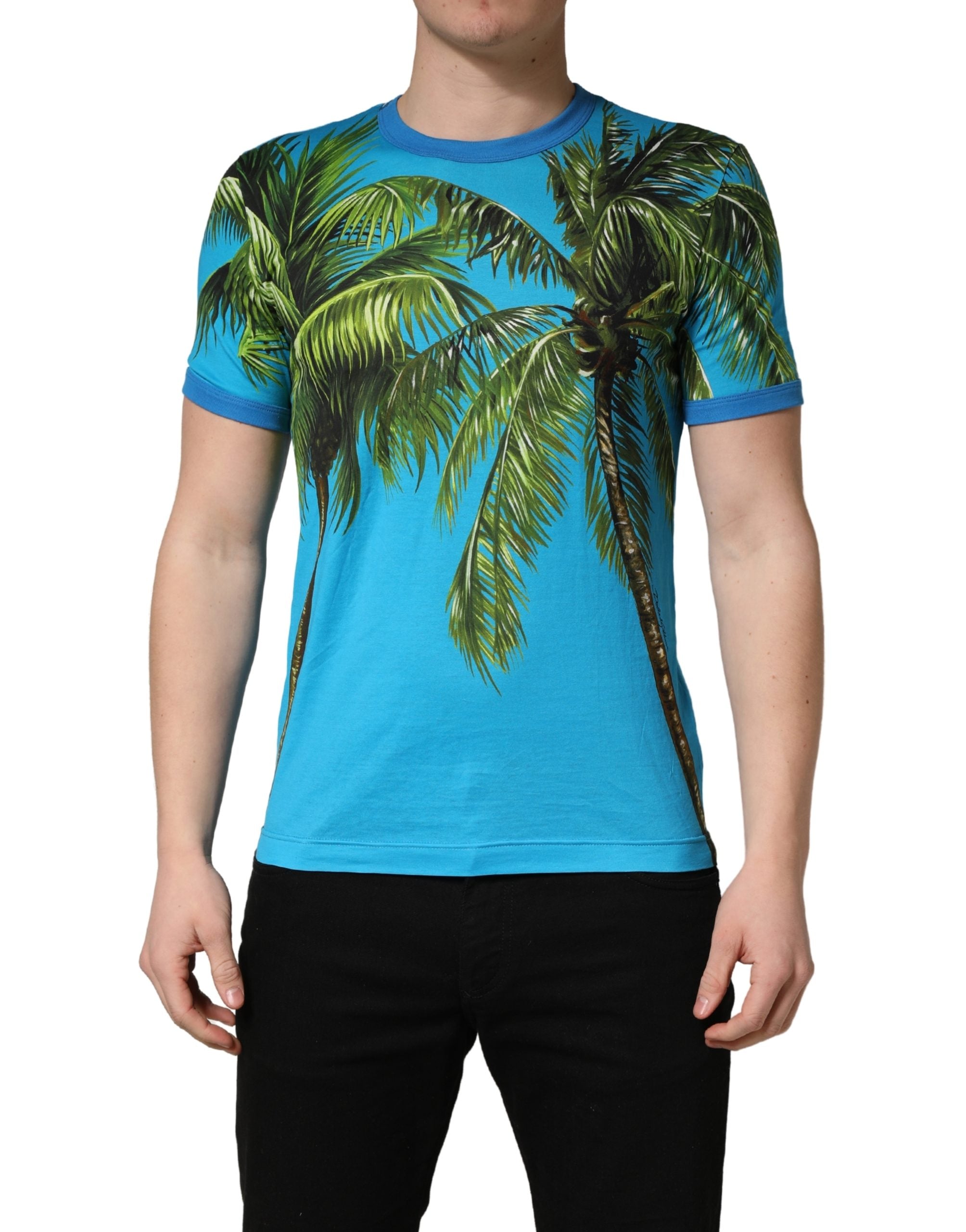 Palm Tree Print Cotton T-Shirt — Blue