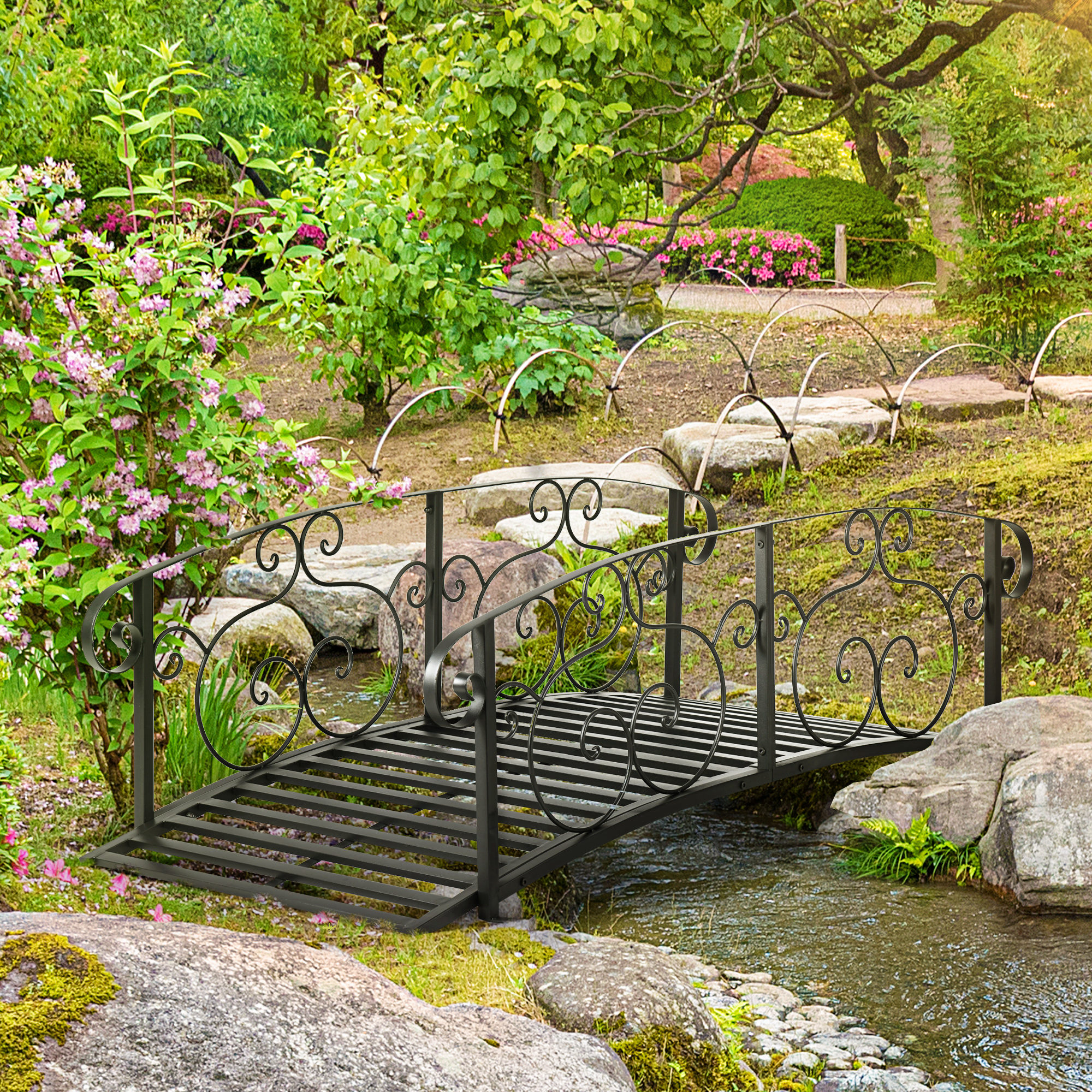 Outsunny Metal Garden Bridge with Railings Steel Decorative Pond Bridge Black Aosom.co