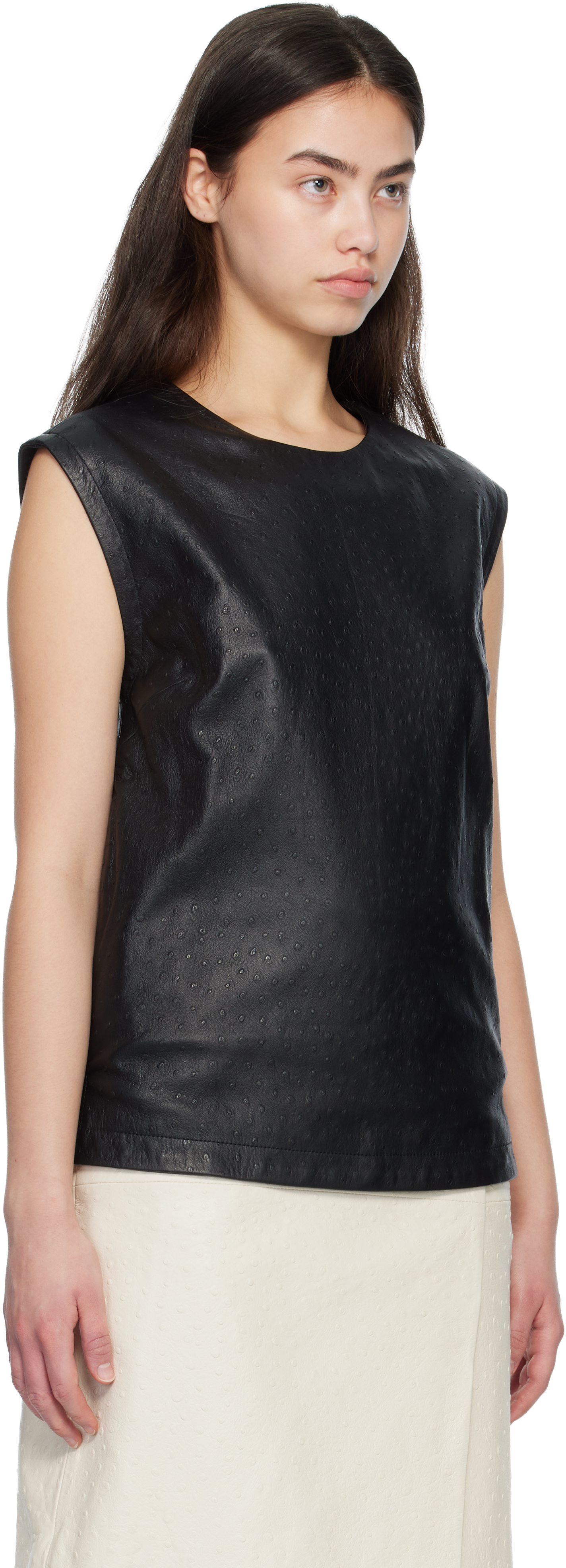 Black FIZA Ostrich-Effect Leather Blouse