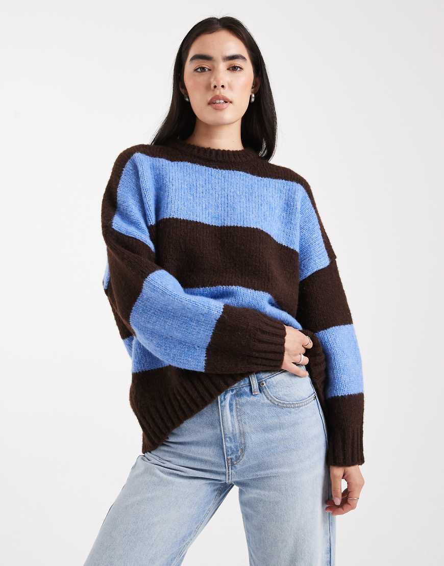 Oversized striped crew neck sweater in brown and blue