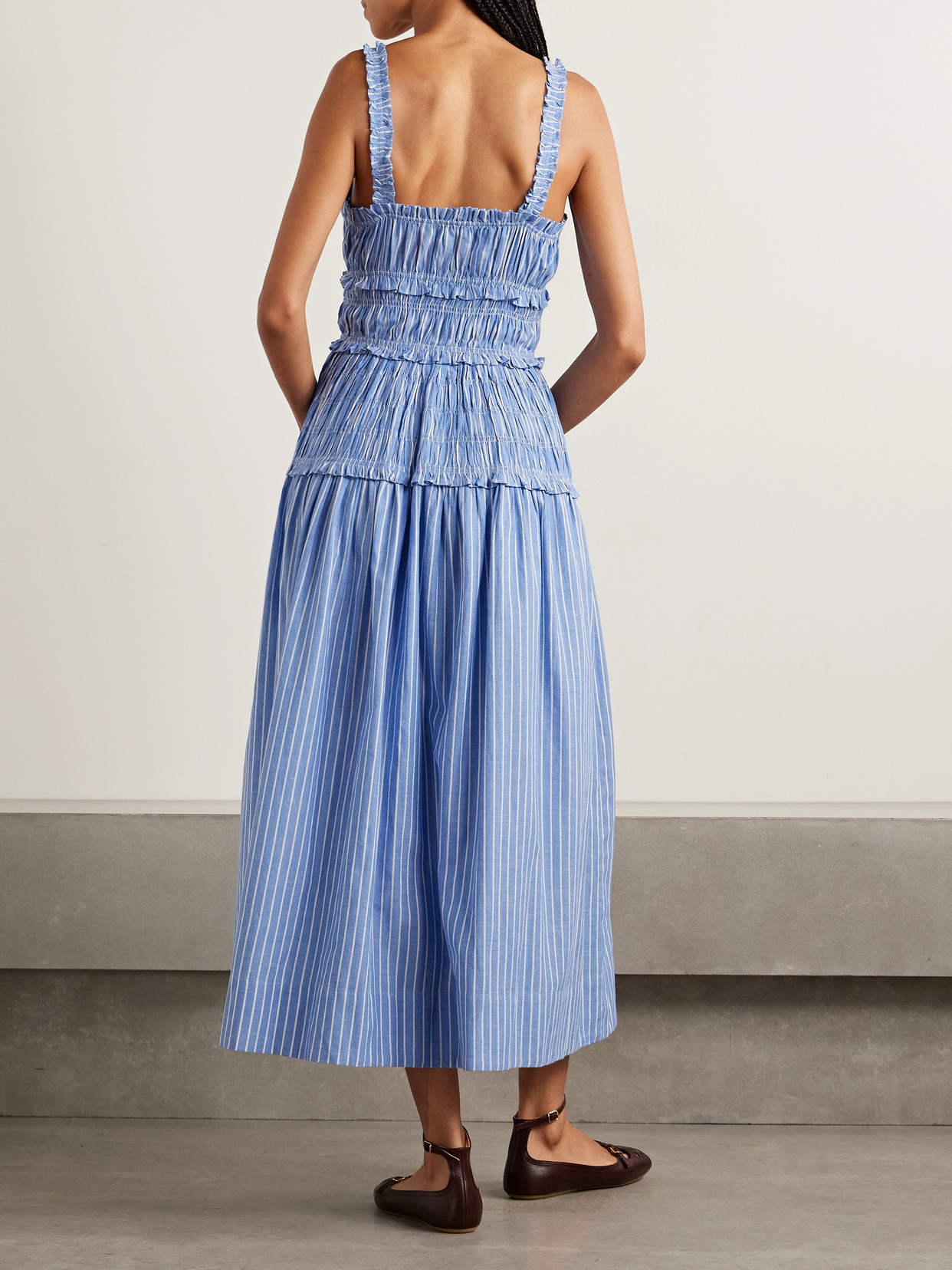 Marianne Shirred Striped Cotton-poplin Midi Dress - Blue