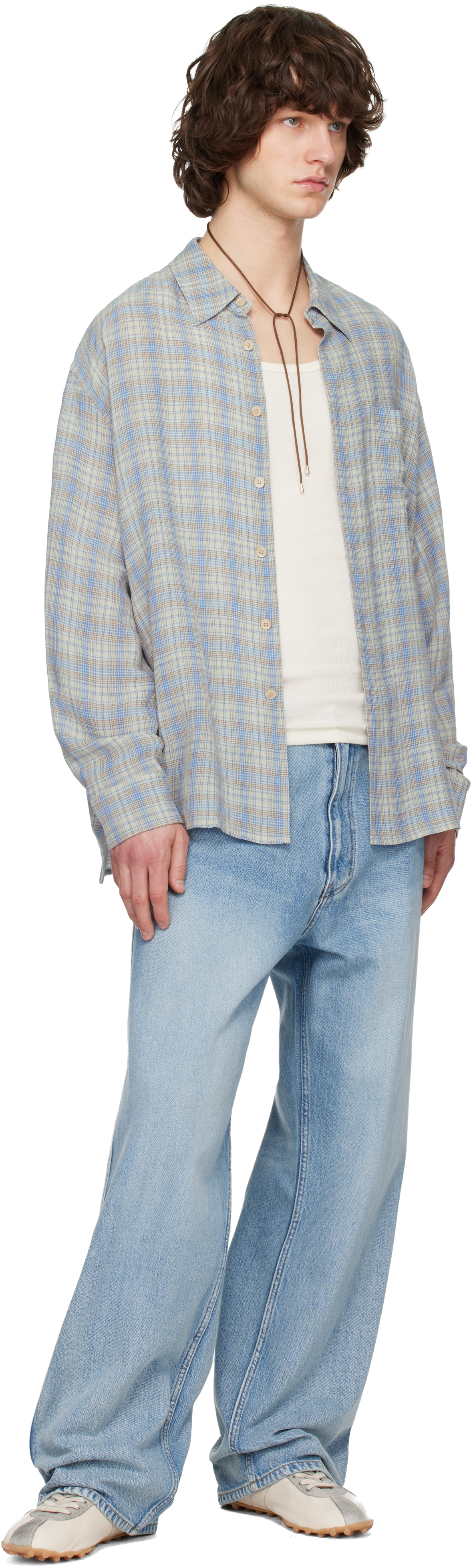 Blue Viscose Linen Check Shirt