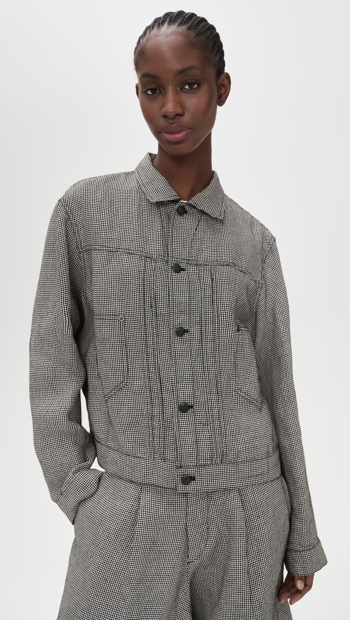 Relaxed Pleated Trucker Jacket Black And White Houndstooth