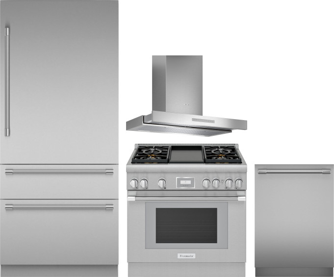 Thermador 4 Piece Kitchen Appliances Package with Bottom Freezer Refrigerator, Gas Range and Dishwasher in Stainless Steel THRERADWRH