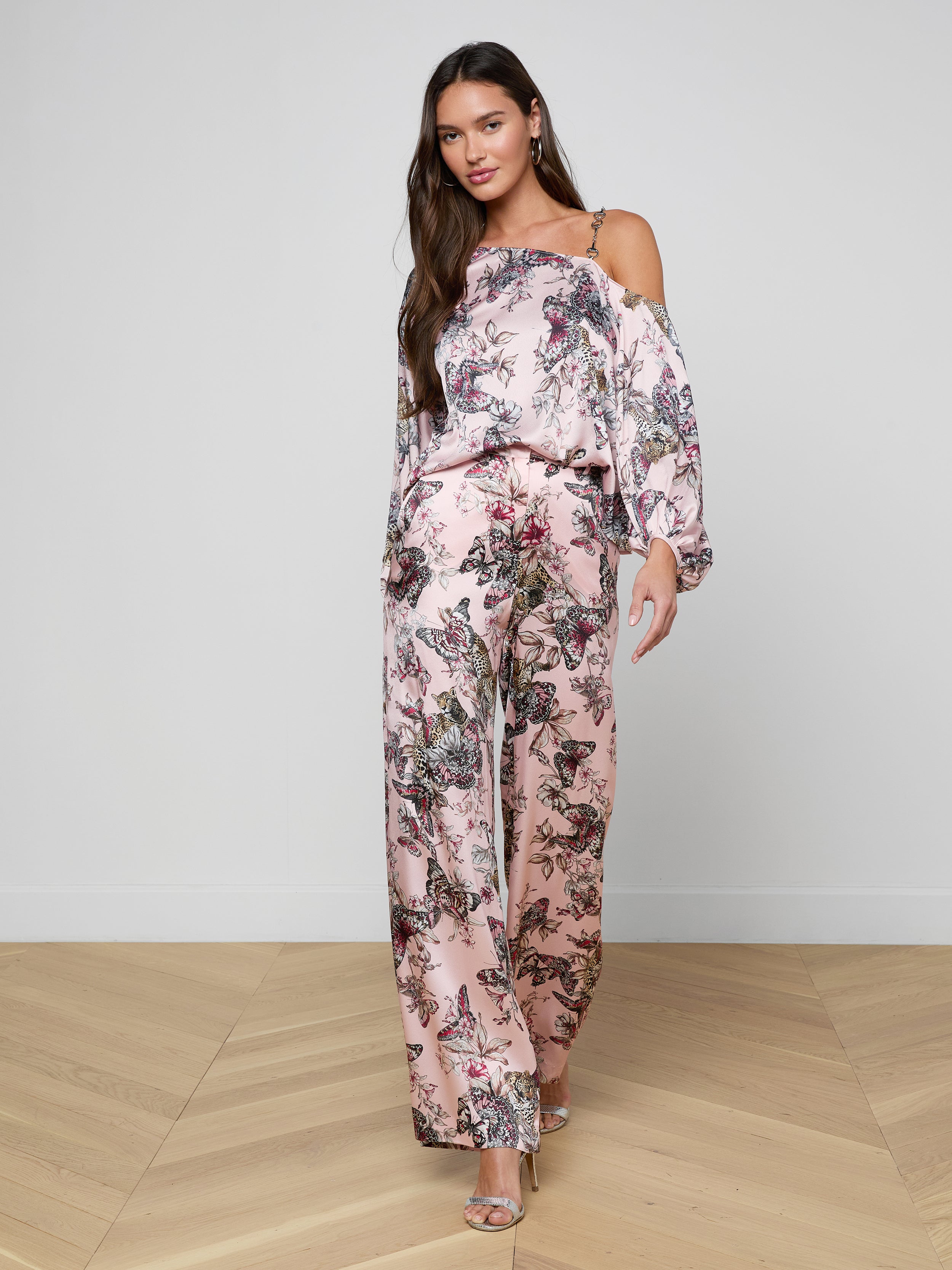Asami Chain One-Shoulder Blouse Top In Light Nectar Pink Small Multi Butterfly Jungle